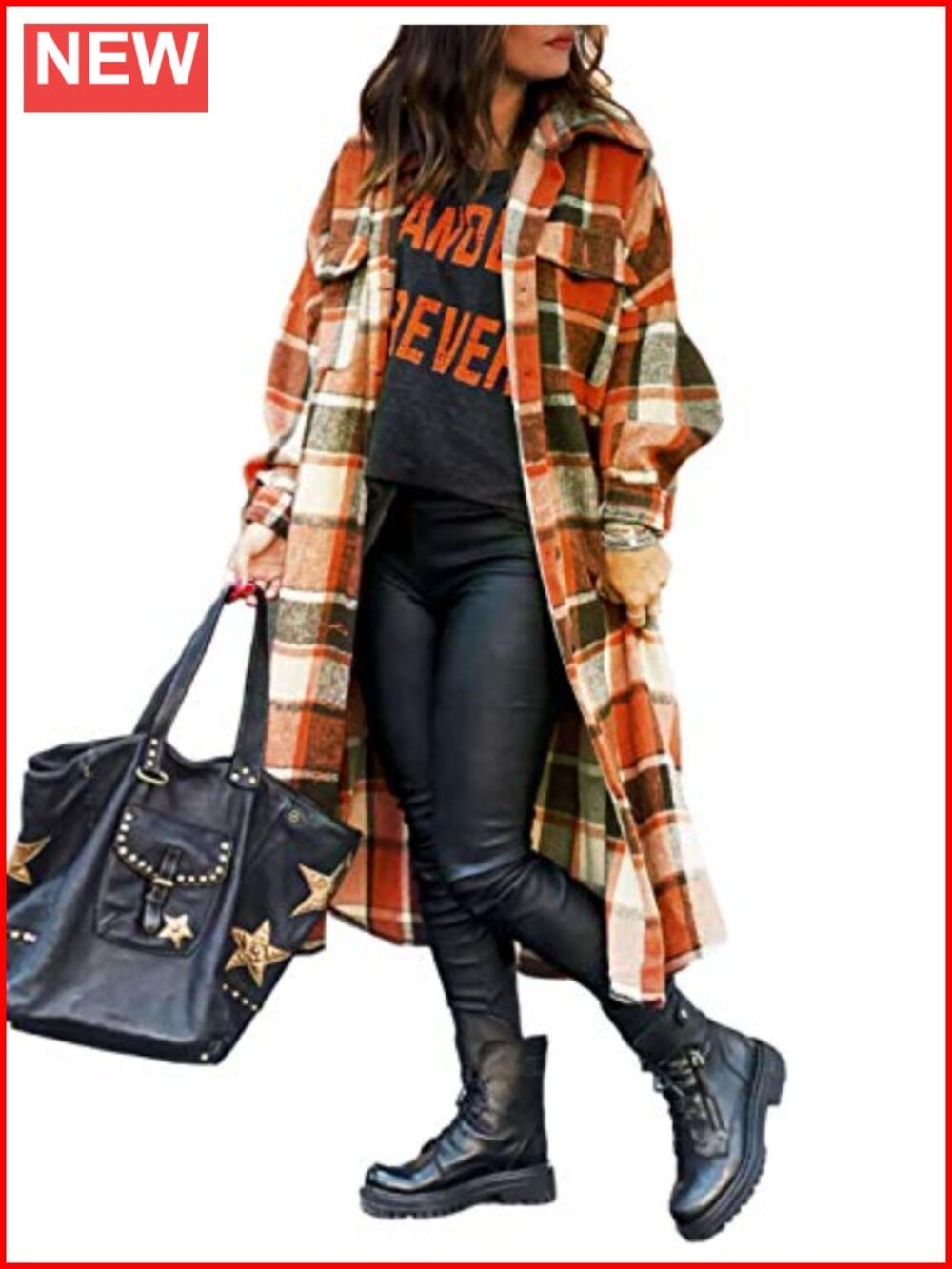 Wool Blend Plaid Flannel Coat Long Trench Jacket Fall Women